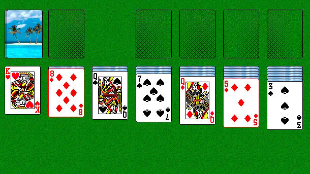 Пасьянс «Косынка». Соберите все карты на основаниях. Основания (справа вверху): В пустую ячейку можно положить туза. На карту можно положить карту той же масти на единицу большего достоинства. Игровые ячейки: На карту можно положить карту другого цвета масти на единицу меньшего достоинства вместе с картами, лежащими на ней. Убывающую последовательность карт с чередованием цвета масти можно перетаскивать. В пустую ячейку можно положить короля. Колоду можно просматривать много раз. Двойной клик по карте посылает её на своё место. Двойной клик или клик правой кнопкой мыши по игровому полю посылает на свои места все возможные карты.