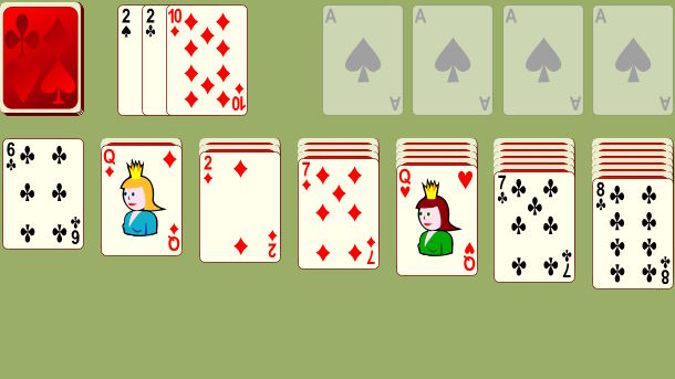 Пасьянс «Косынка (по три карты)». Соберите все карты на основаниях. Основания (справа вверху): В пустую ячейку можно положить туза. На карту можно положить карту той же масти на единицу большего достоинства. Игровые ячейки: На карту можно положить карту другого цвета масти на единицу меньшего достоинства вместе с картами, лежащими на ней. Убывающую последовательность карт с чередованием цвета масти можно перетаскивать. В пустую ячейку можно положить короля. Колоду можно просматривать много раз. Двойной клик по карте посылает её на своё место. Двойной клик или клик правой кнопкой мыши по игровому полю посылает на свои места все возможные карты.